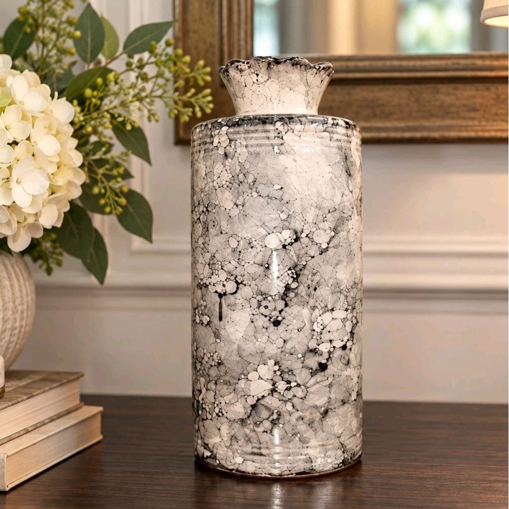 Organic Modern Crackle Glaze Vase Black White Marble Art Pottery 12" Large